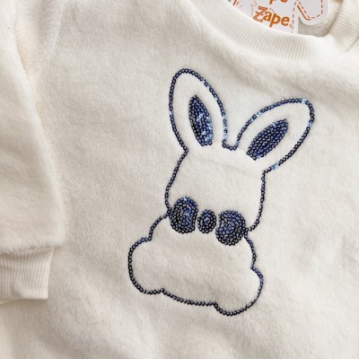 Conj. Casaco de Pelinho e Calça Legging Coelhinhas - Off White e Azul